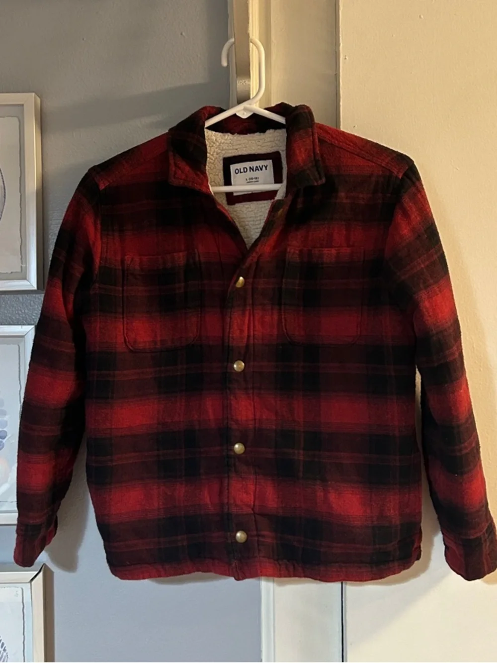 Old Navy Red Black Plaid Sherpa-Lined Snap Front Shirt Jacket Shacket Size L